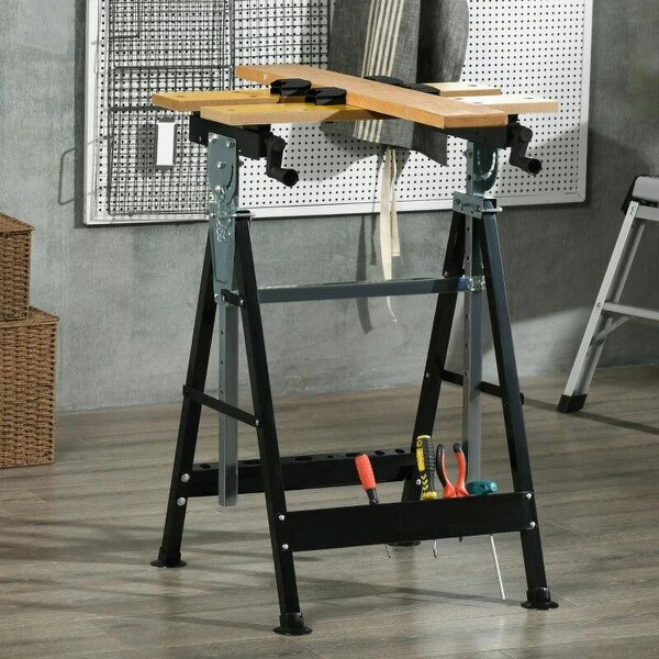 Portable Folding Workbench with Adjustable Height & Angle, Work Bench with 4 Adjustable Clamping Pegs, Beige - Beige