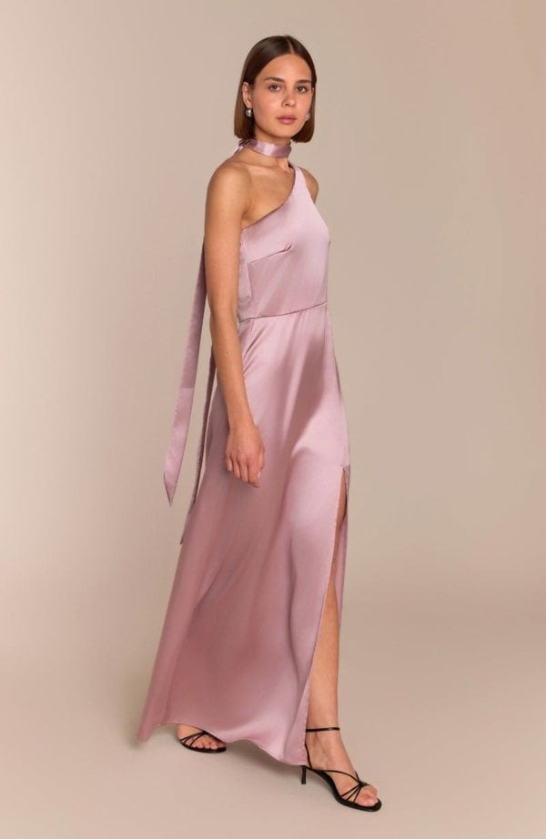 Rewritten London Porto Dress in Rose Pink Satin