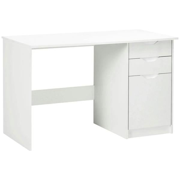 White computer desk with drawers and side cabinet, glossy tabletop and open shelf