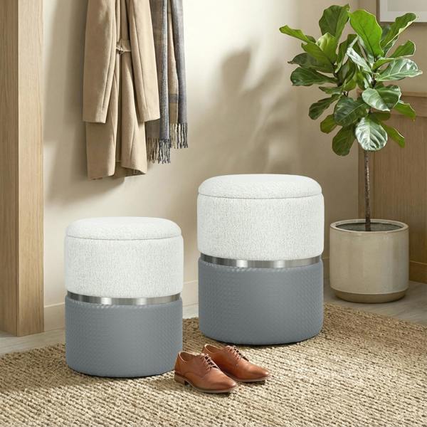 HOMCOM Round Storage Ottoman Set of 2, Nesting Footrest Stool - Cream and Grey