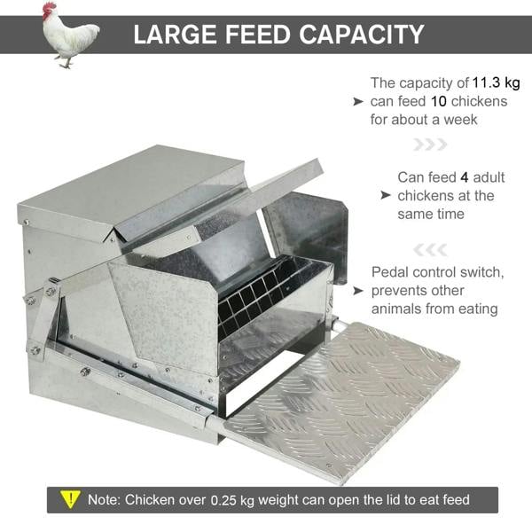 Silver automatic chicken poultry feeder with feeding trough and pedal control