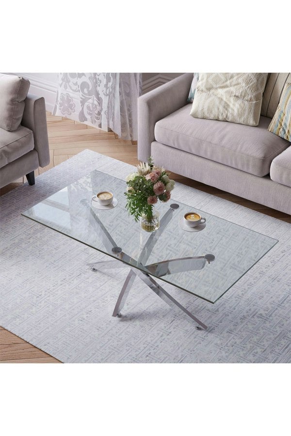 Living and Home Modern Rectangle Clear Tempered Glass Top Coffee Table with Chrome Legs
