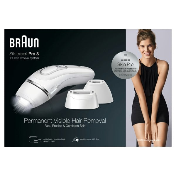 Braun Silk-Expert Pro 3 PL3233 Womens IPL, At Home Hair Removal Device with Pouch, White/Silver