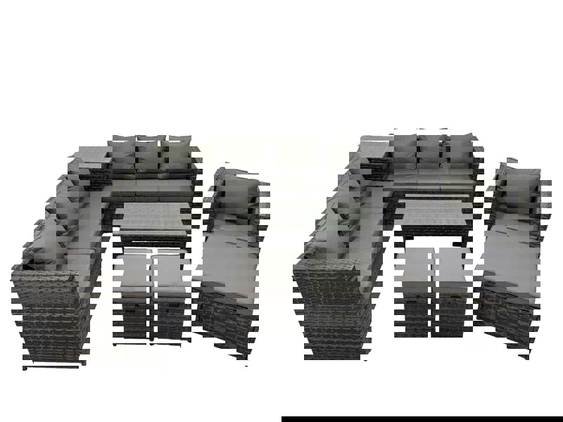 Fimous Garden Rattan Outdoor Furniture Set 10 Seater Patio Corner Sofa Oblong Coffee Table with 3 Stool Side Table Dark Grey