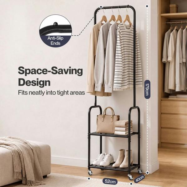 Levede Clothes Rack Heavy Duty Garment Rack 2 Shelf Locking Wheels Bedroom Black