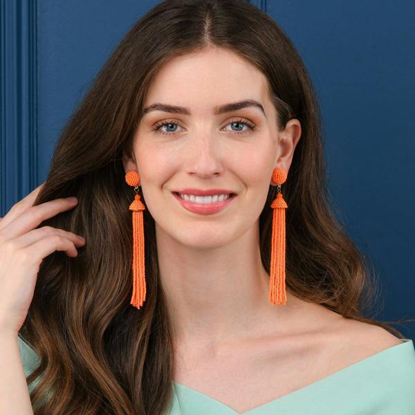 Zavana Long Bright Orange Beaded Tassel Earrings for Women