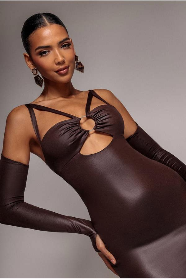 Faux Leather Cut Out Sheath Midi Dress - Brown DR3724