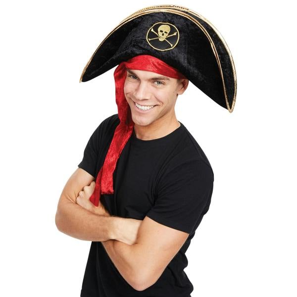 Bristol Novelty Unisex Deluxe Velvet Pirate Hat - Black/Red/Gold - 