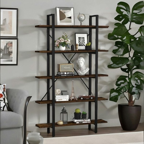 Rafaelo Mobilia Industrial 5 Tier Walnut Brown Bookcase