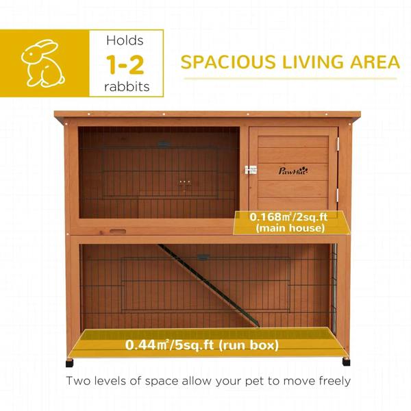 Orange two-tier rabbit hutch with hinged front door and wire run area