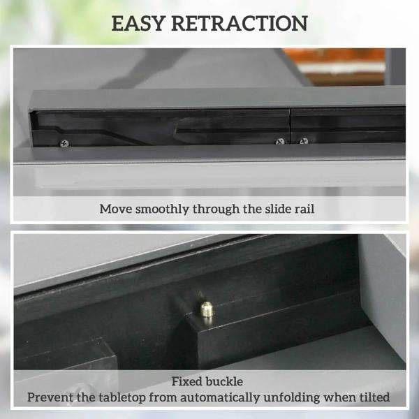 Extendable table mechanism detail: black frame slide rail beneath glass tabletop
