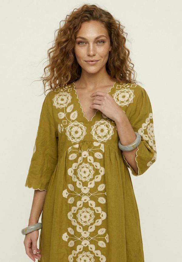 Raffya Arianna V- Neck Embroidered Maxi Dress In Chartreuse