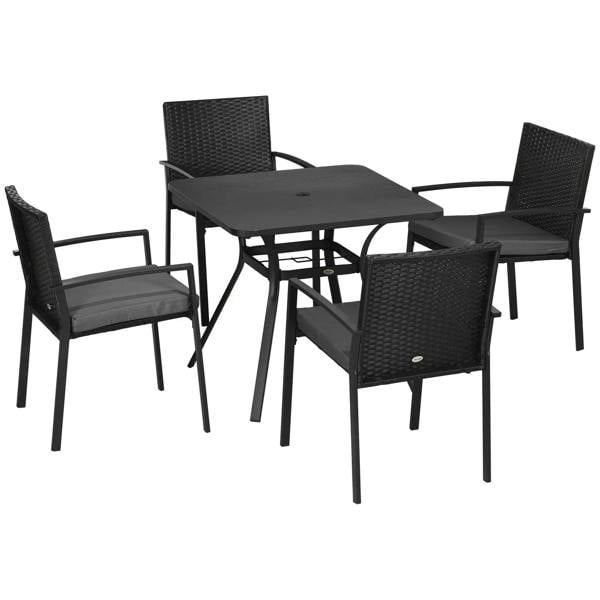 Black rattan-style dining set with four chairs and square table, dark seat cushions