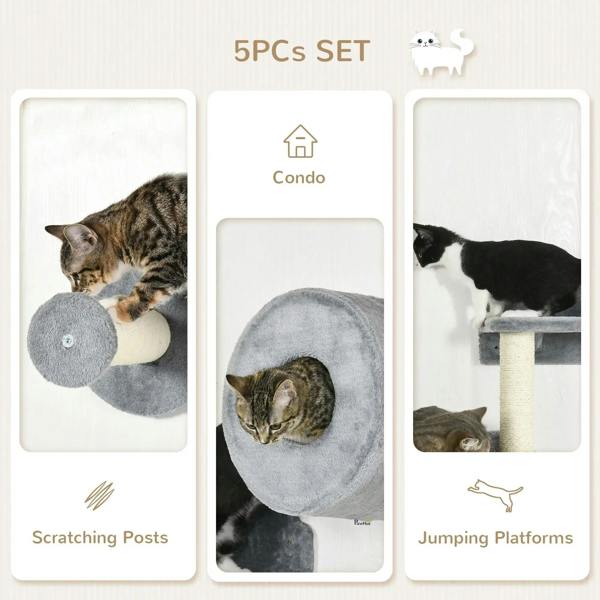 Grey 5-piece wall cat tree set with scratching posts and jumping platforms, shown in use