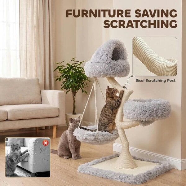 115 cm Modern Cat Tree Tower for Large Cats with Sisal Scratching Post, Holds 1 Cat up to 6kg, Machine-Washable Beds