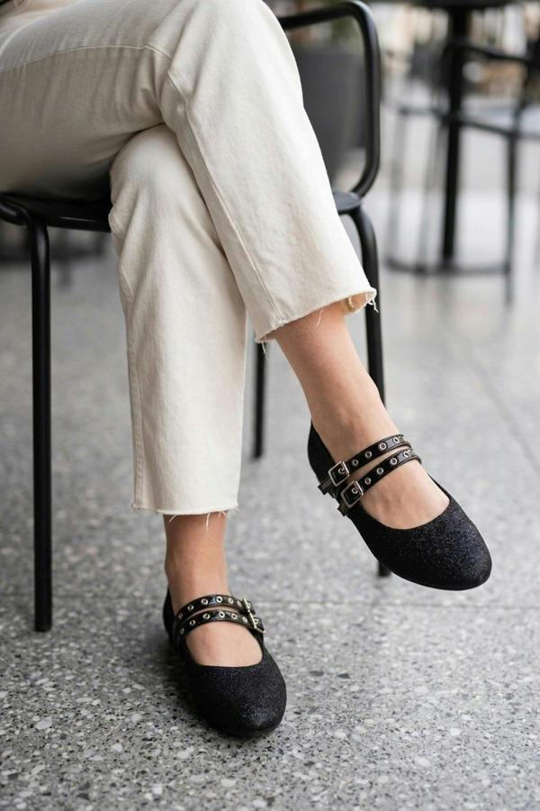 Cordelia Glittery Mary Jane Flats - Black