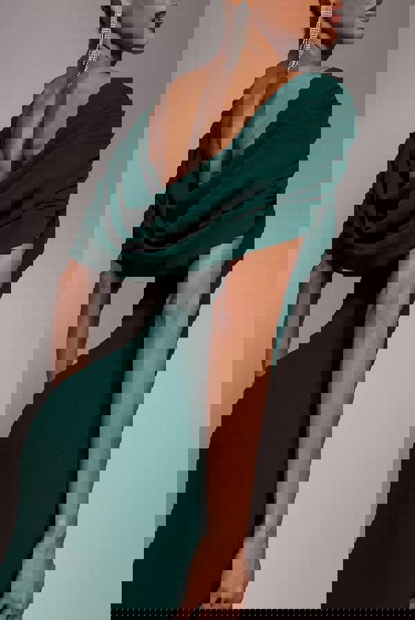 V Neck Cowl Back Pleated Sleeve Scuba Maxi Dress - Emerald Green DR5010