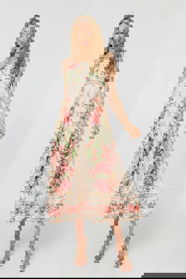 Beige | Floral Border Print Tie Strap Midi Dress : Model is 5'10"/178 cm and wears UK10/EU38/US6/AUS10