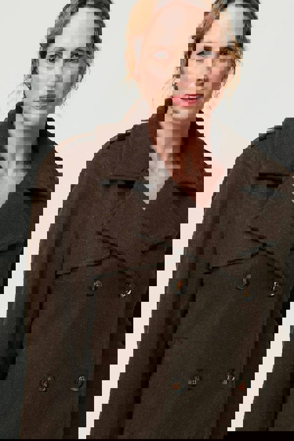 Brown | Textured Button Front Short Trench Coat
