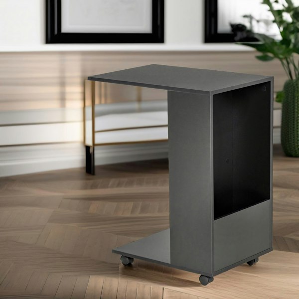 Rafaelo Mobilia Industrial Black C Shaped Side Table With Storage & Wheels