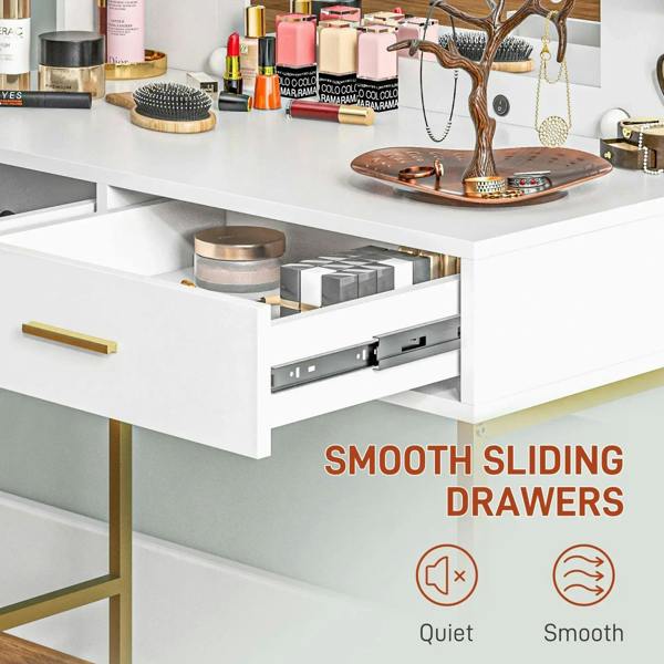 White vanity desk with smooth sliding drawers and gold accents
