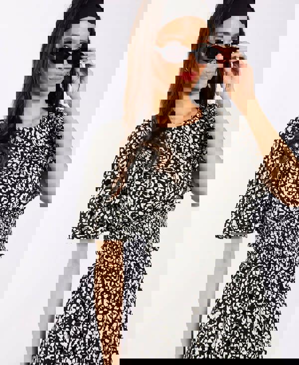 Black Animal Smock Waisted Midi Dress Details