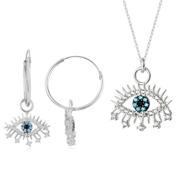 Spero London Evil Eye Earring Blue Eye Sterling Silver Pendant Eyelash Necklace and Earring Set