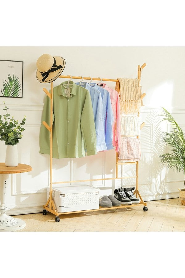 Living and Home Bamboo Clothes Rack with Bottom Shelf