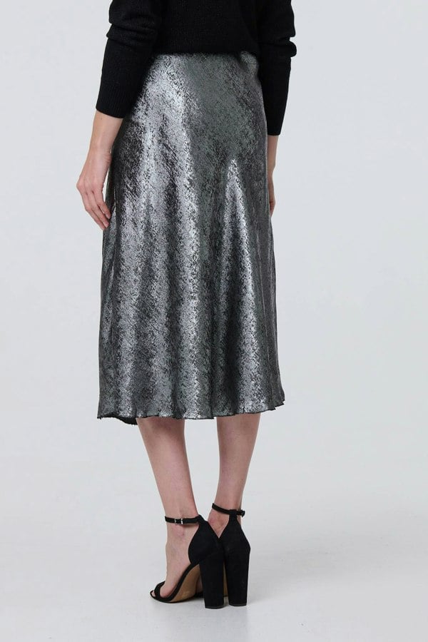 Silver | Metallic A-Line Midi Slip Skirt
