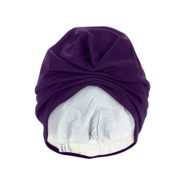 Purple Fashy Turban Fabric Swim Cap with white lining and elastic band
