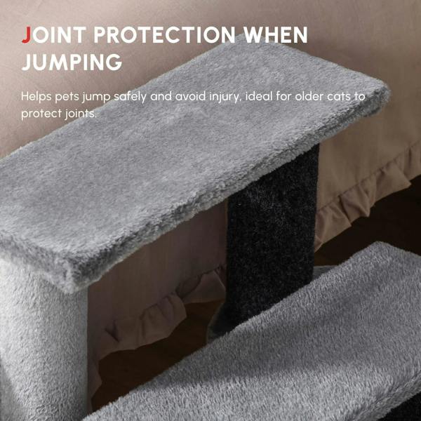 Grey plush top step and scratching post of pet stairs, close-up