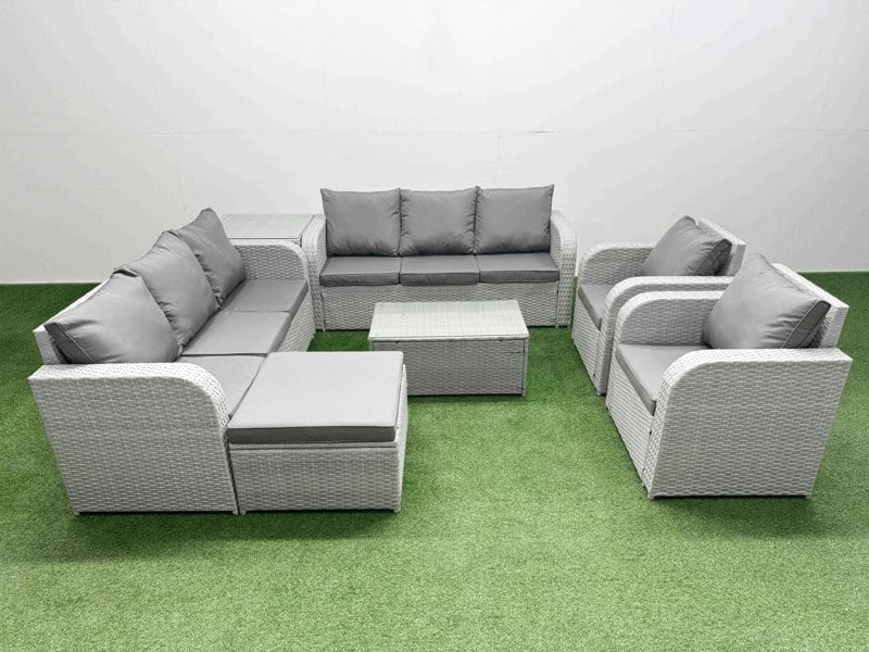Fimous PE Rattan High Back Lounge Sofa Set Patio Coffee Table & Chairs Set with 3 Seater Sofa Reclining Chair Big Footstool Side Table Light Grey