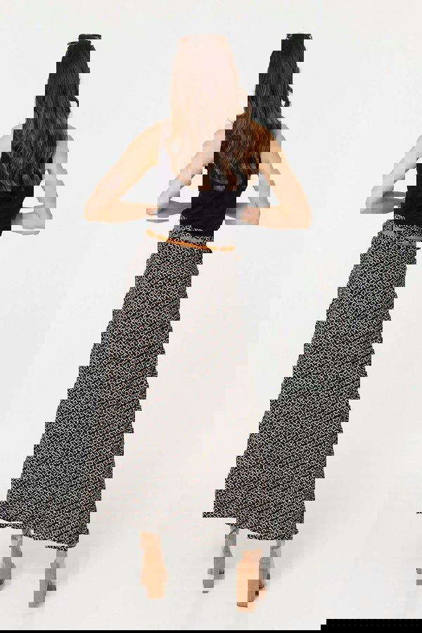 Black | Printed A-Line Belt Maxi Skirt