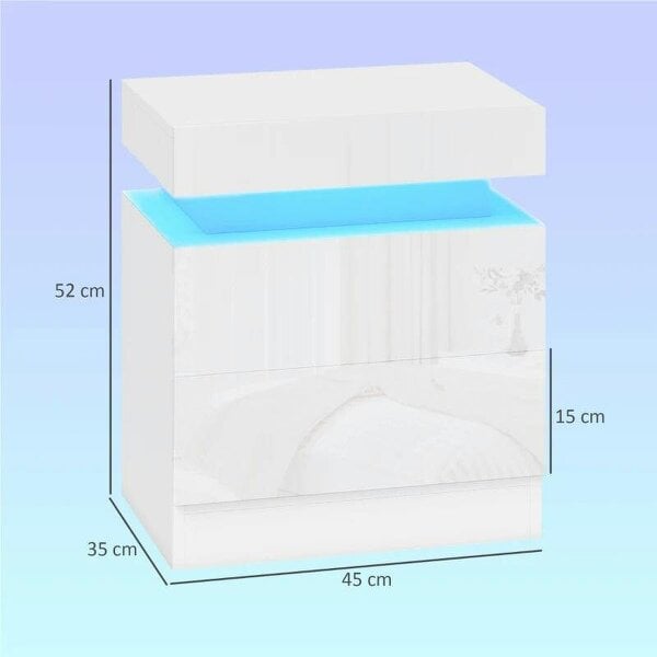White Bedside Table with LED Light, High Gloss Front Nightstand with 2 Drawers, for Living Room, Bedroom, Set of 2