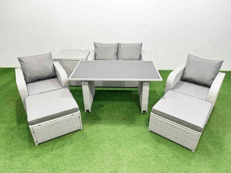 Fimous Outdoor Rattan Garden Furniture Dining Set 6 seater Patio Rectangular Table Love Sofa Reclining Chair Set with Side Table 2 Big Stools