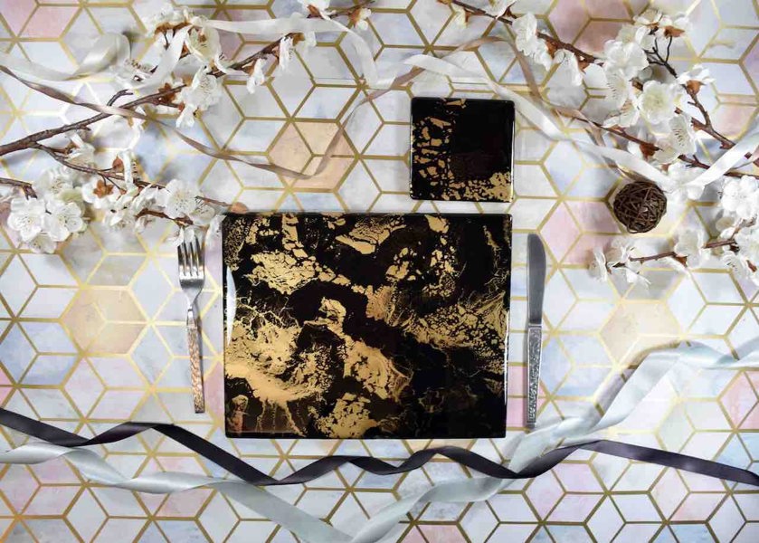 Kate Chesters Art Black Gold Resin Placemats and Coasters Dining Set - Heat Tolerant