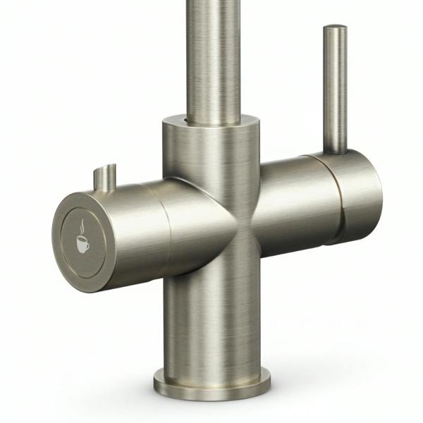 Close up of a Modern brushed steel 3-in-1 boiling water tap on white background