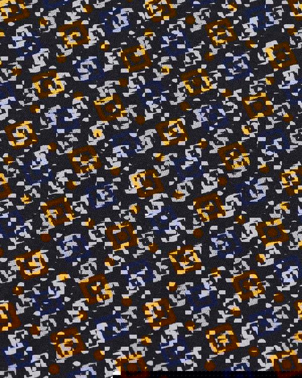 Lambretta Mens All Over Geometric Smart Classic Retro T-Shirt, black fabric featuring a pattern of lilac and yellow squares and dots.