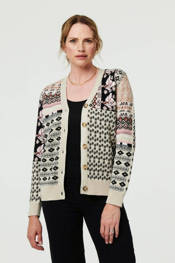 Cream | Patchwork Print Long Sleeve Cardigan
