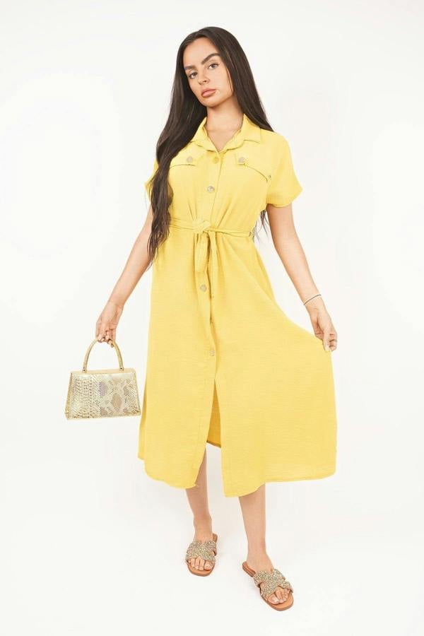 Annie Collared Button Down Short Sleeve Tie Waist Midi Dress - Yellow