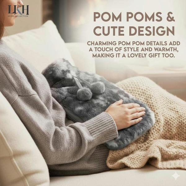 LKH HOME COLLECTION Hot Water Bottle with Cover UK 2L With Faux Fur & Pockets for Period Pain Relief Leak Resistant BPA Free Hot Bottle