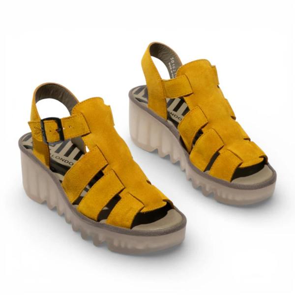 Fly London BAIC621FLY - Women’s Yellow Leather Wedge Sandals