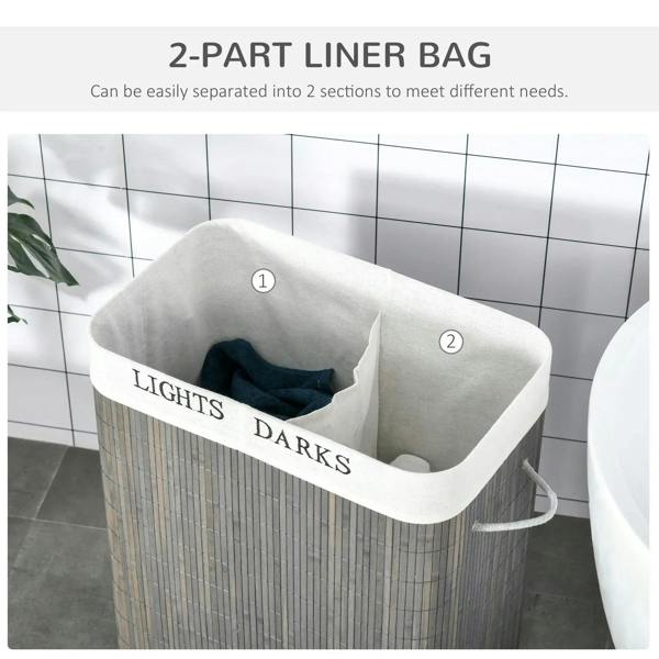 Grey laundry hamper with removable two-part liner bag, labeled “LIGHTS” and “DARKS”