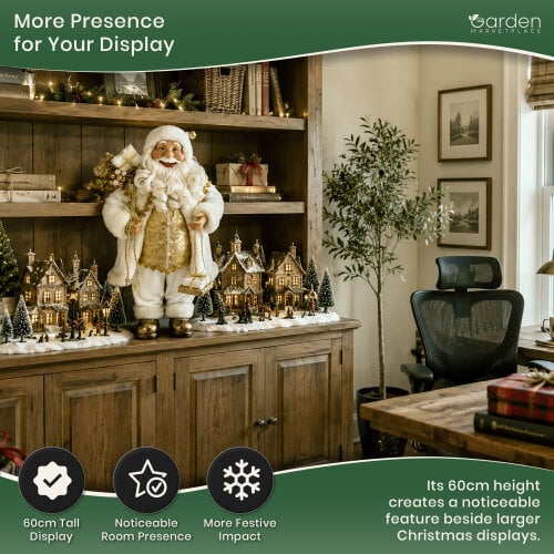 Standing Father Christmas Figure with Sack of Presents, White Santa Style Decoration, Free Standing Festive Ornament, 60cm Tall
