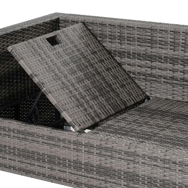 Grey rattan storage ottoman with open lid on outdoor sofa set