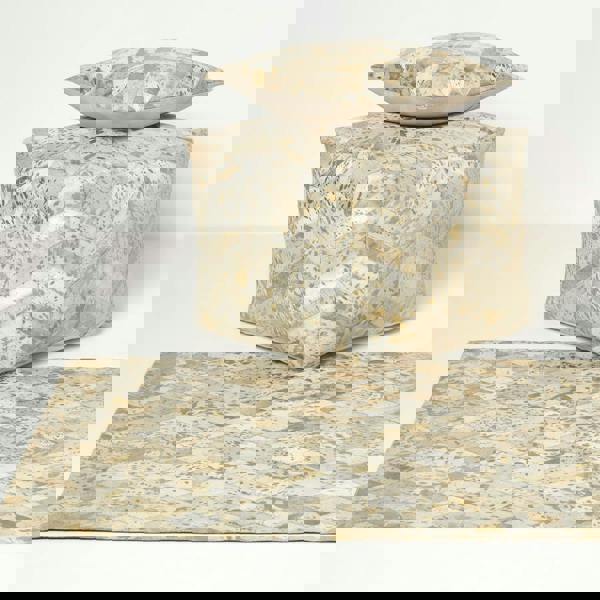 HOMESCAPES Gold & Grey Geometric Diamond Leather Pouffe Bean Cube