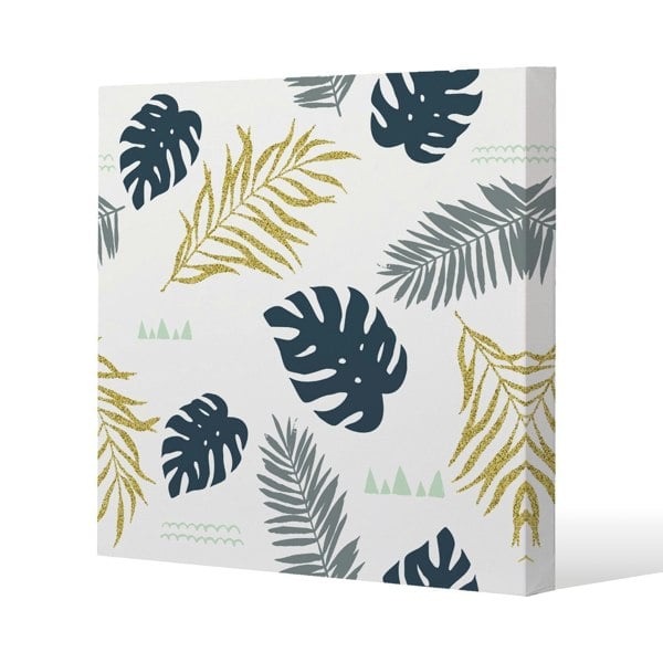 Benjamin Tate Design Gold Glitter & Navy Leaves Slim Style Canvas Print  30x30cm , 15mm Slim Real wood.