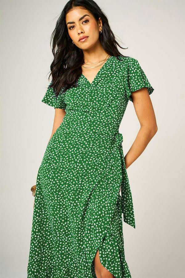 FS Collection Hem Frill Detail Little Floral Print Wrap Dress In Green