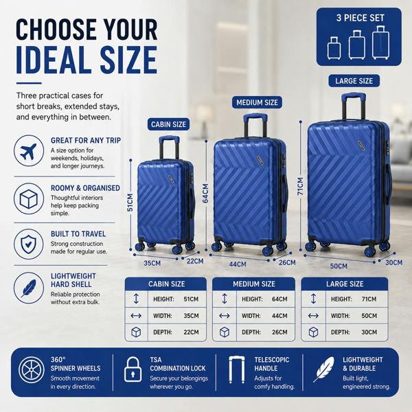 Gr8 Home 3 Piece Hard Shell Luggage Suitcase Set Cabin Medium Large TSA Lock Blue