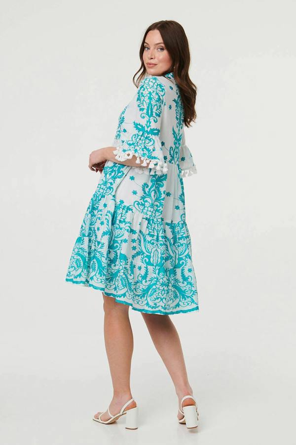 Blue | Printed Tassel Sleeve Knee Length Dress